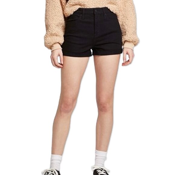 NWT High-Rise Rolled Cuff Black Jean Shorts - Womens Juniors Size 14 (32 Waist) - Picture 2 of 5